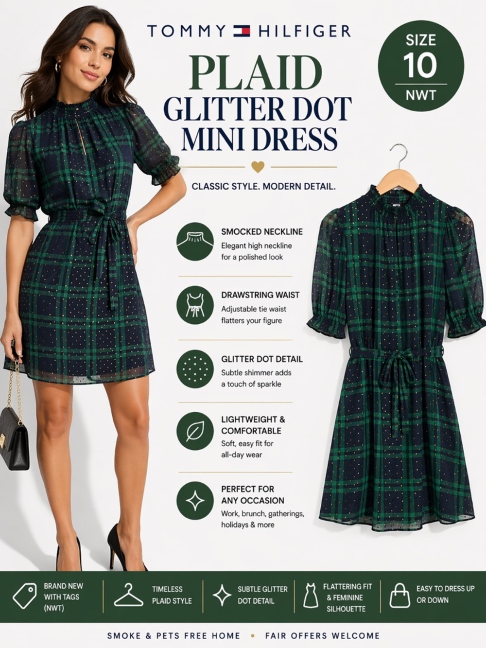 Tommy Hilfiger Green Blue Plaid Glitter Dot Mini Dress Size 10 NWT